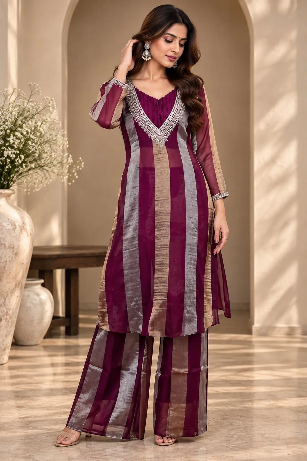 Deep Wine & Metallic Tissue Striped 3 Piece Kurta Set