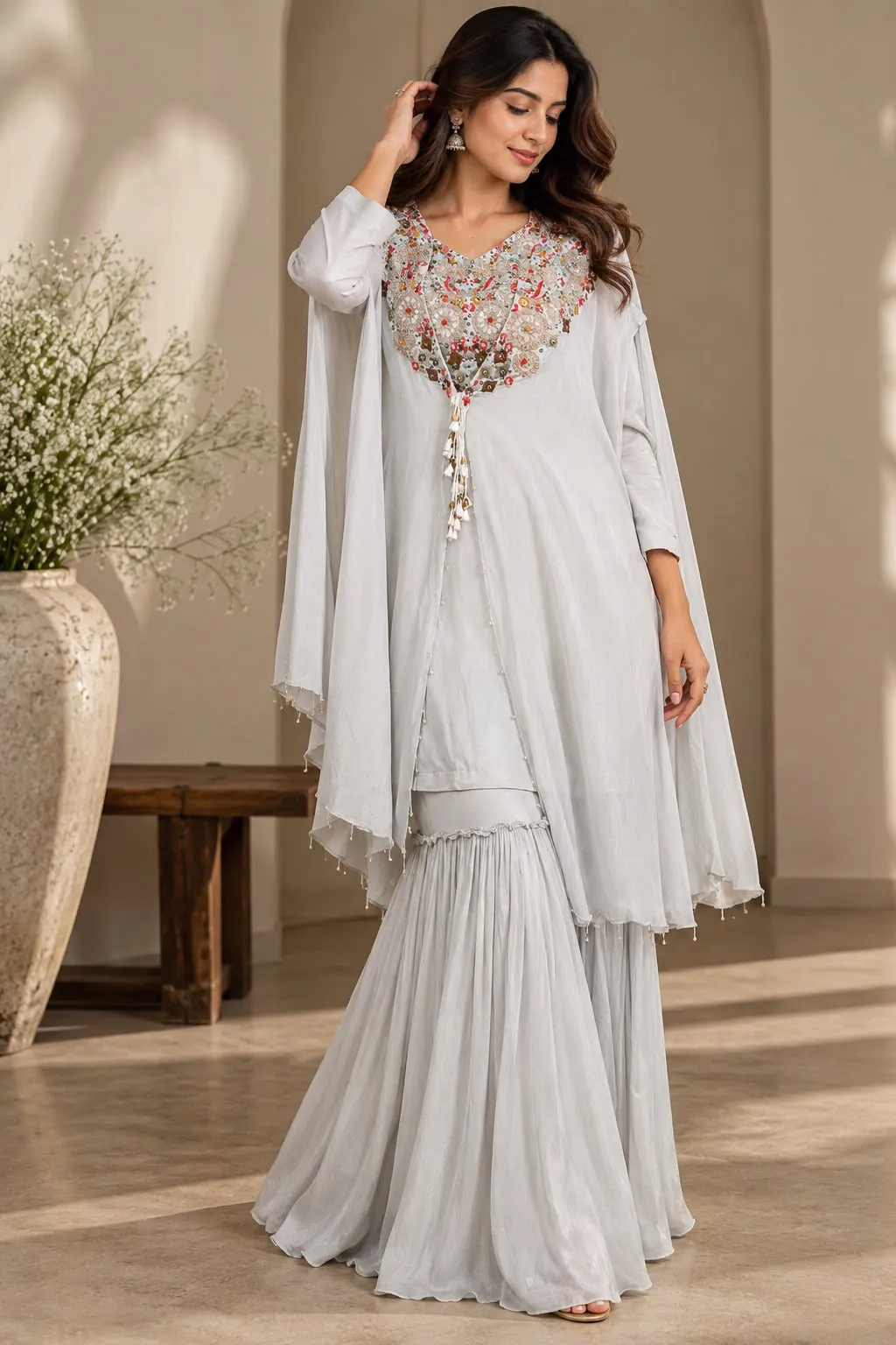Dove Grey Heavily Embroidered Sharara Suit Set with Draped Overlay