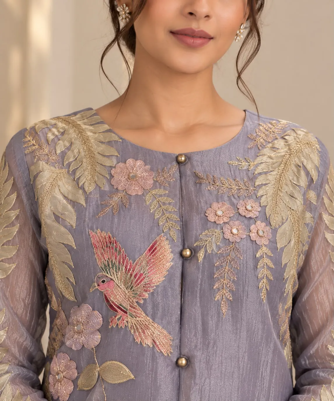 Dusty Lavender Crinkled Tissue Shimmer Embroidered Co-Ord Set