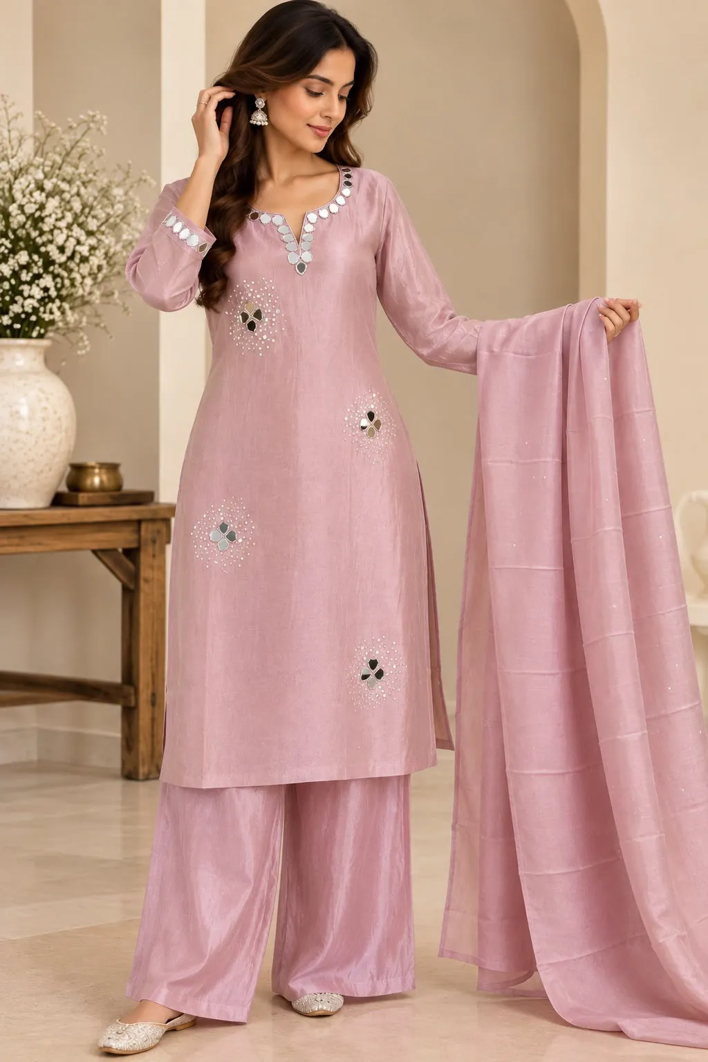 Dusty Mauve Tissue Shimmer Mirror Work Kurta Set with Dupatta