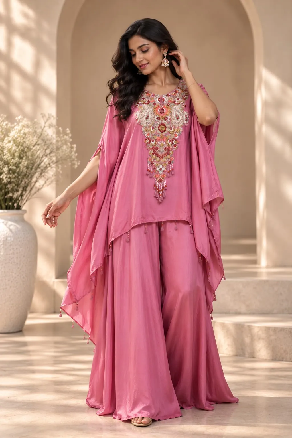 Dusty Rose Embroidered Kaftan & Palazzo Set