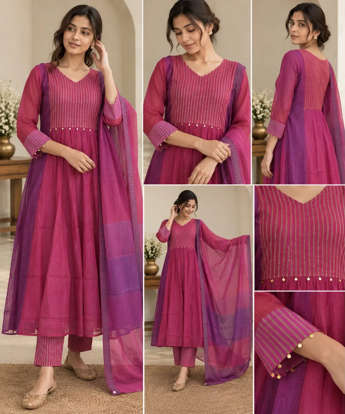 Magenta & Purple Pure Mul Chanderi Color-Blocked Kurta Set with Dupatta