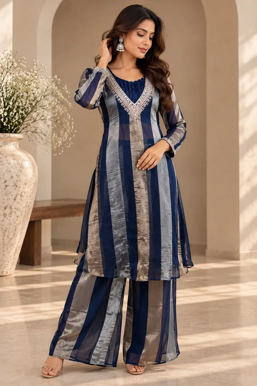 Midnight Navy & Metallic Silver Striped Kurta Set