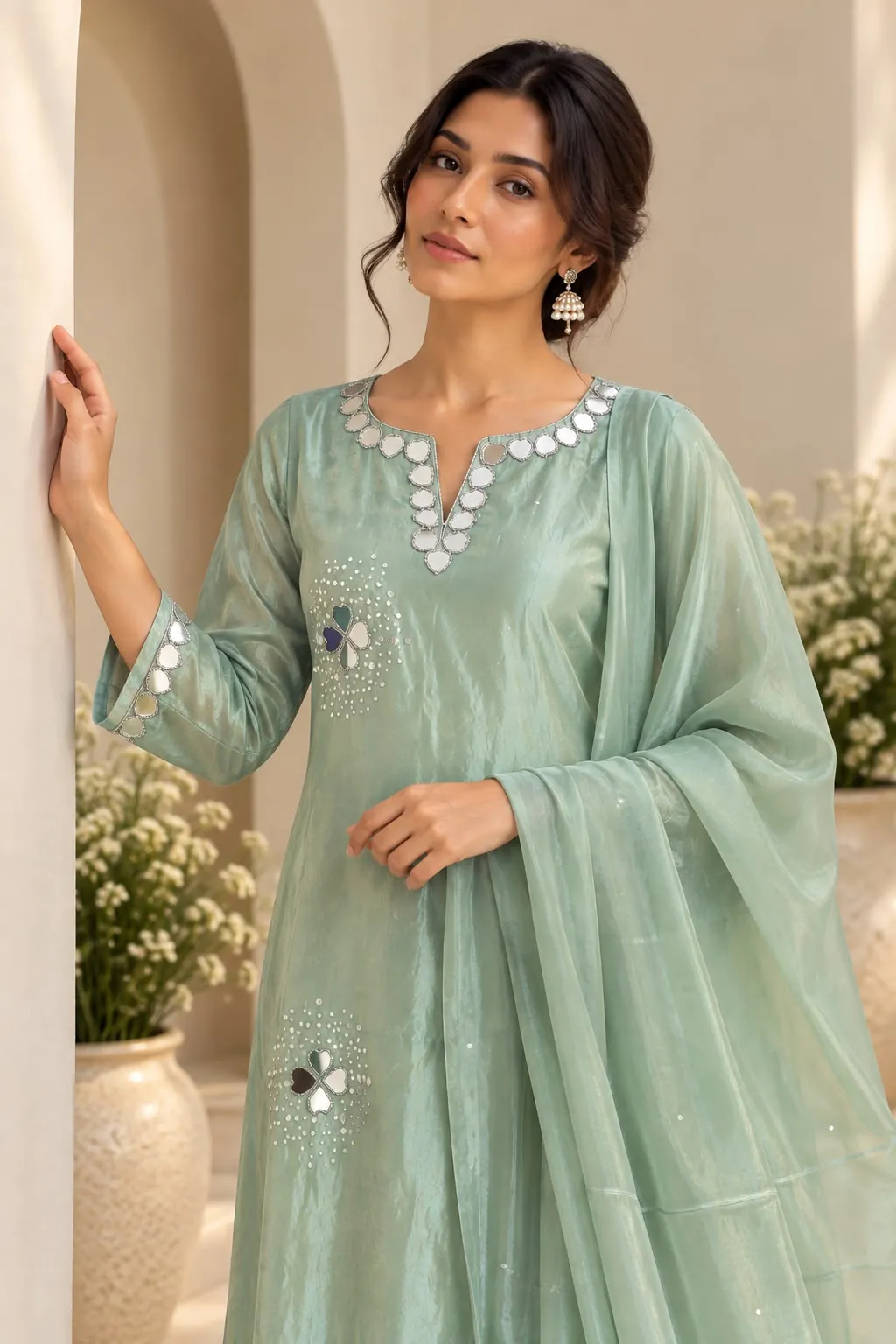 Mint Green Tissue Shimmer Mirror Work Kurta Set with Dupatta