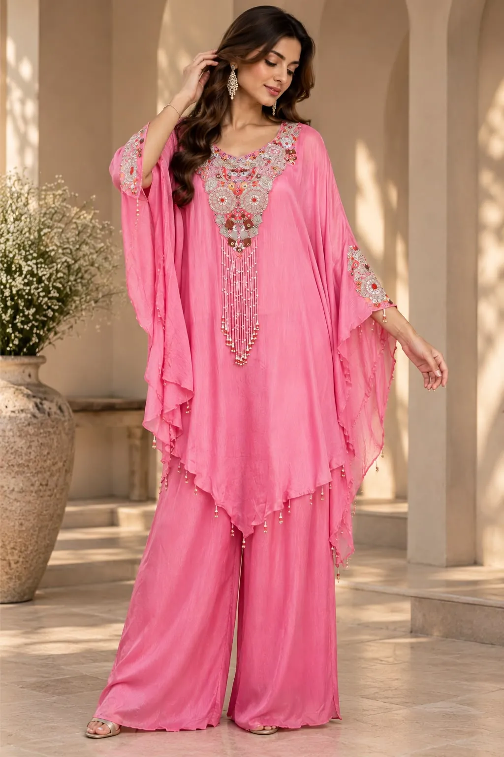 Rose Pink Heavily Embroidered Draped Kaftan Set