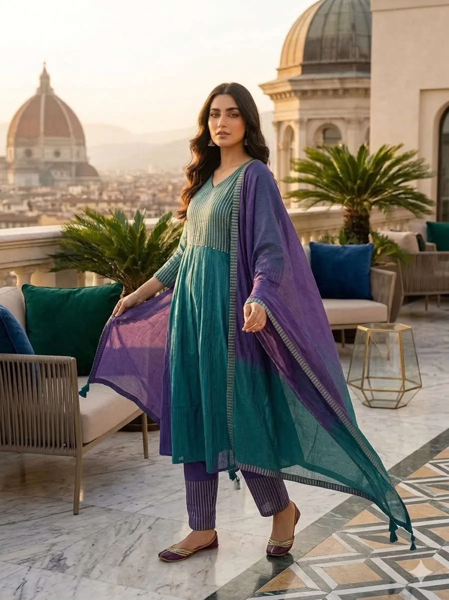 Teal & Royal Purple Pure Mul Chanderi Color-Blocked Kurta Set with Dupatta